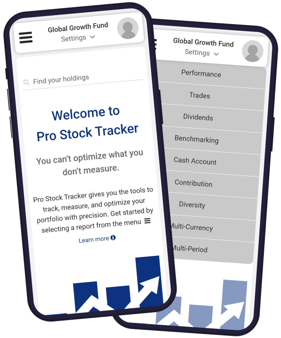 Mobile app interface and report menu displayed on two smartphones